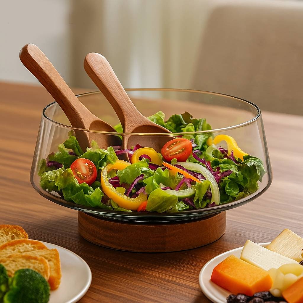 Salad bowl made of glass with wooden base and cutlery