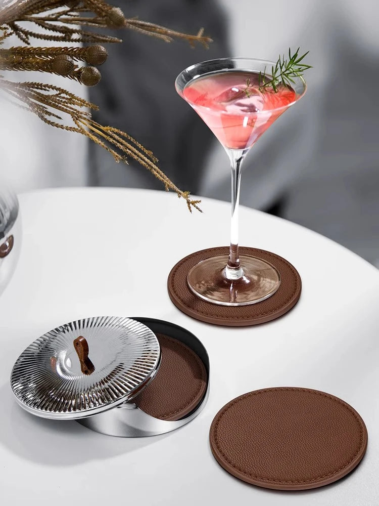 Coaster set made of leather and stainless steel – 4-piece