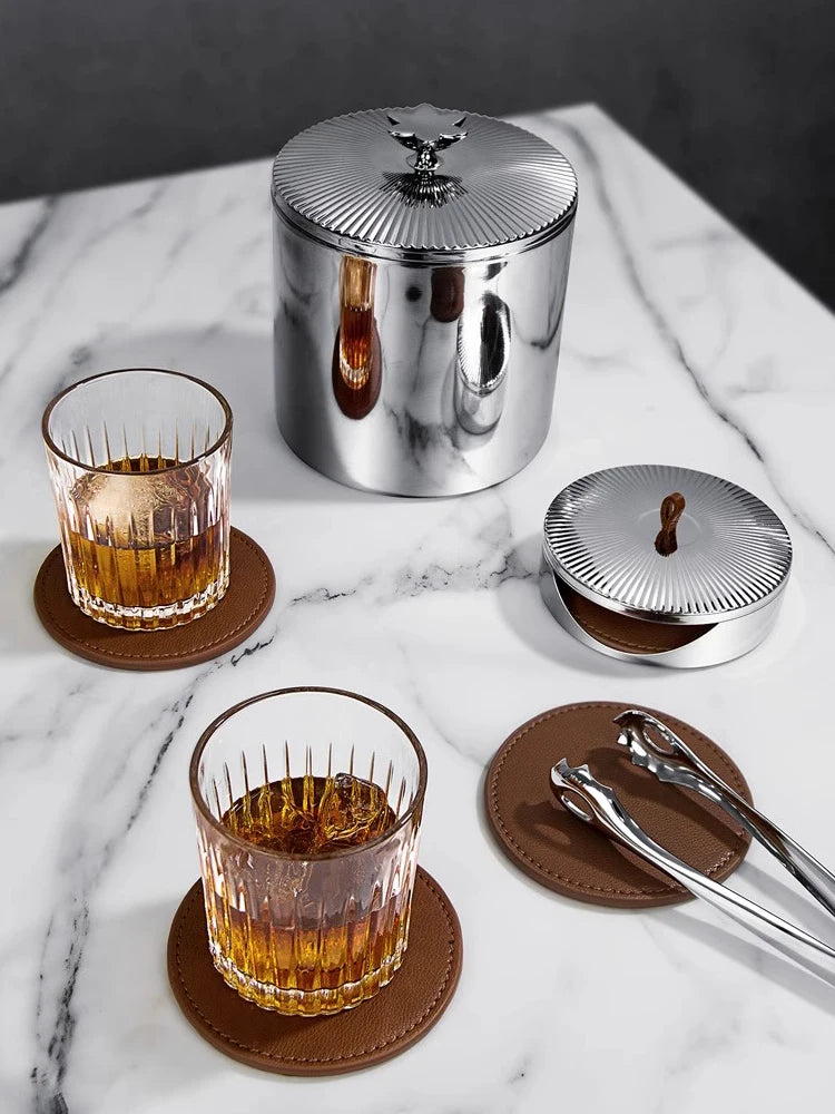 Coaster set made of leather and stainless steel – 4-piece