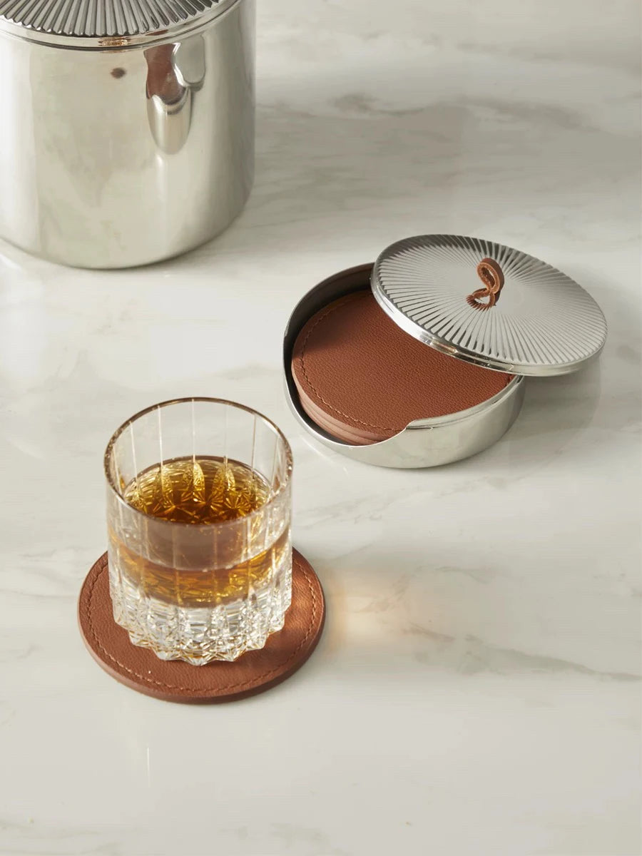 Coaster set made of leather and stainless steel – 4-piece