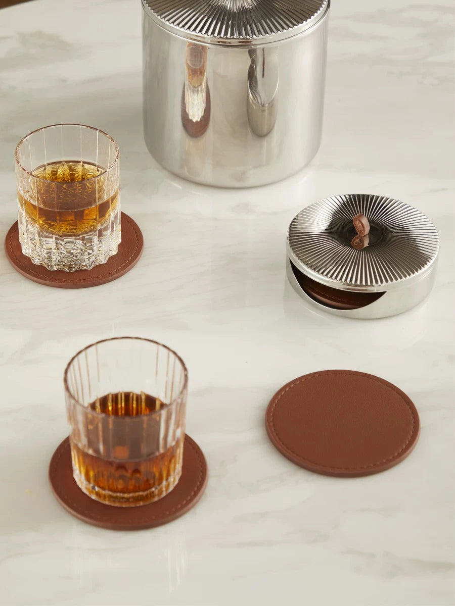 Coaster set made of leather and stainless steel – 4-piece