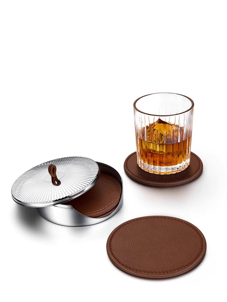 Coaster set made of leather and stainless steel – 4-piece