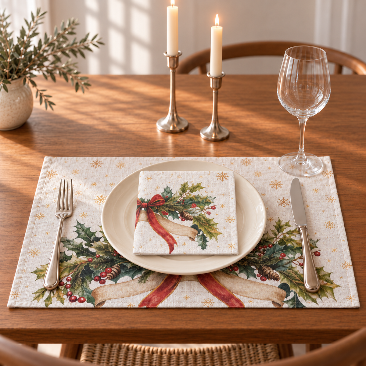 Platzsets mit Servietten für Weihnachten aus bedrucktem Leinen – Schleifenzauber