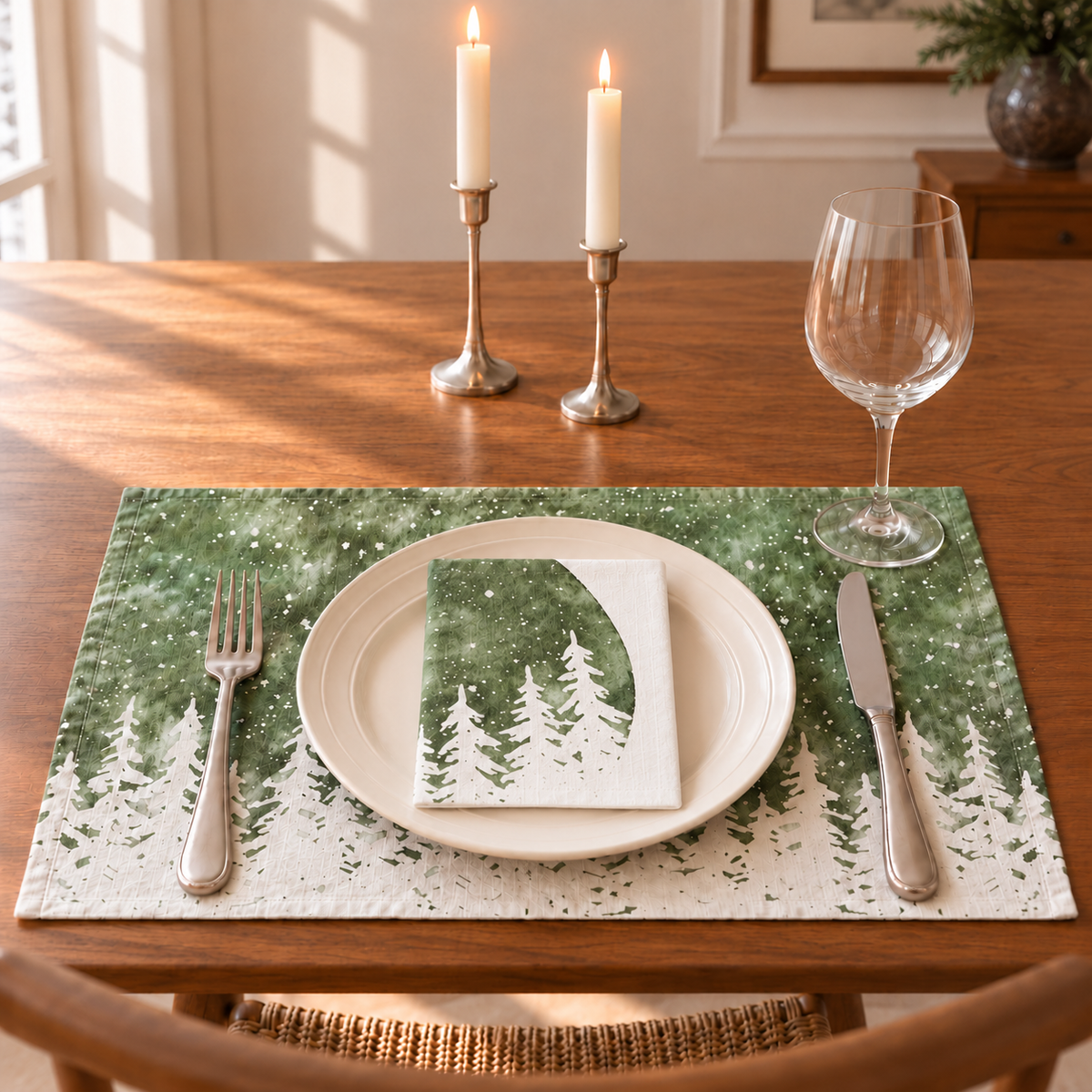Sets de table avec serviettes de Noël en lin imprimé - Silhouettes de sapins