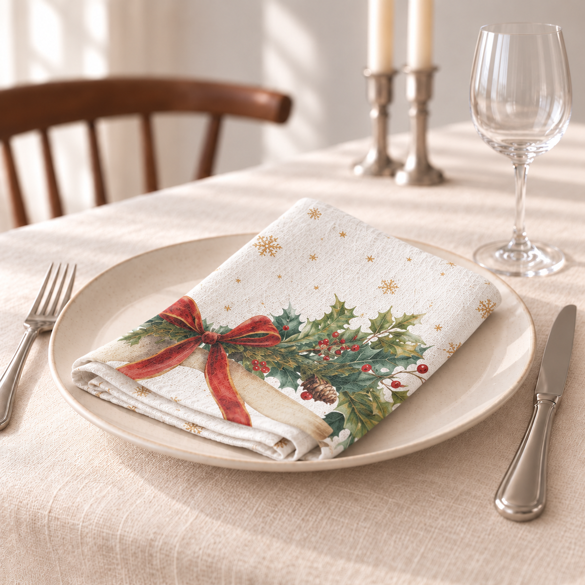 Servietten für Weihnachten aus bedrucktem Leinen – Schleifenzauber