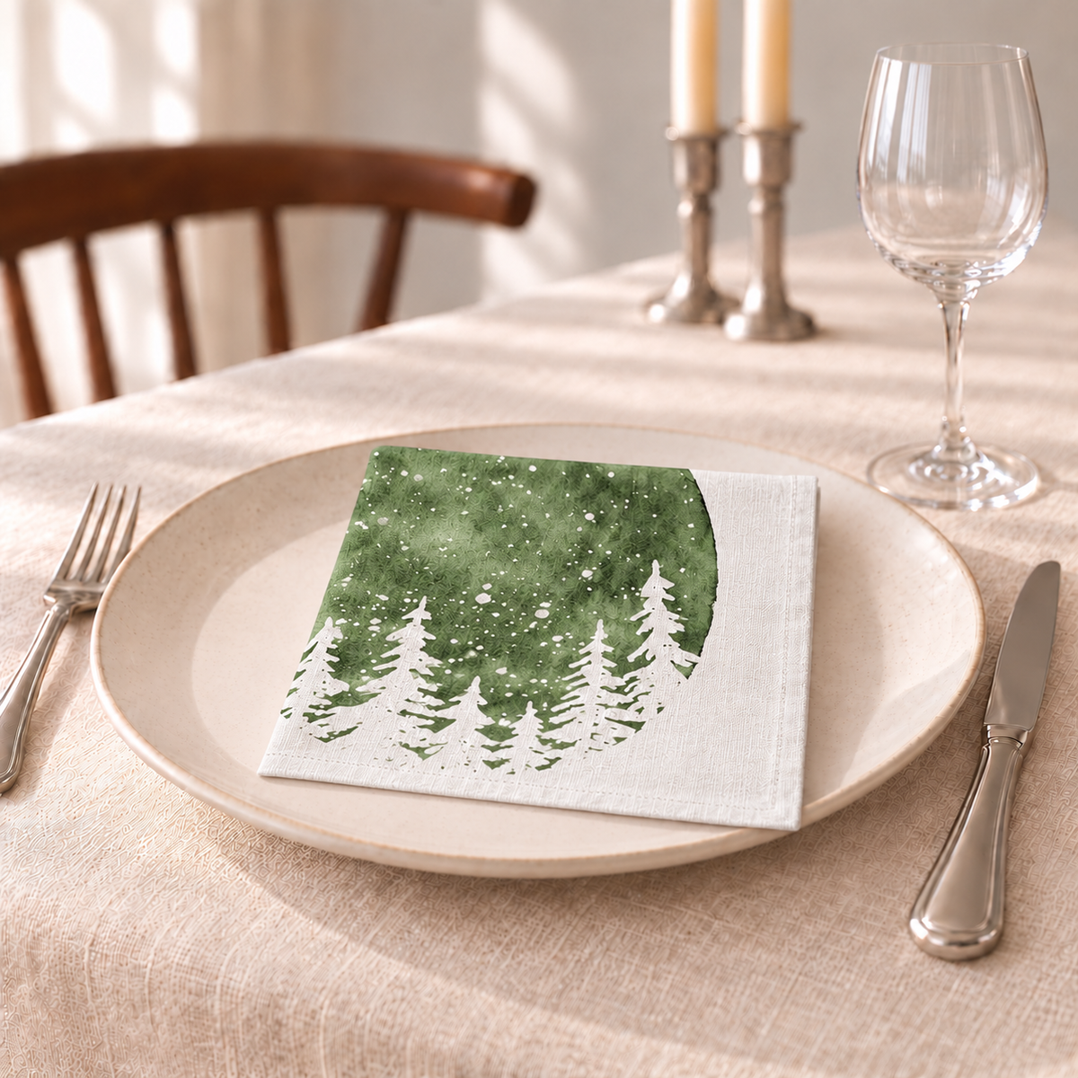 Printed linen Christmas napkins – Fir silhouettes