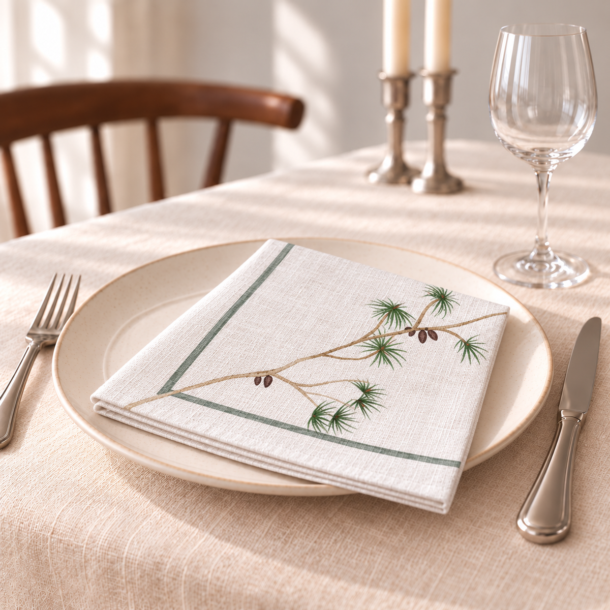 Printed linen Christmas napkins – Cones & branches