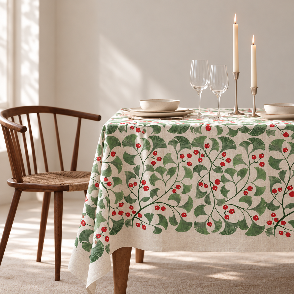 Tischdecke für Weihnachten aus bedrucktem Leinen – Beerenzweige