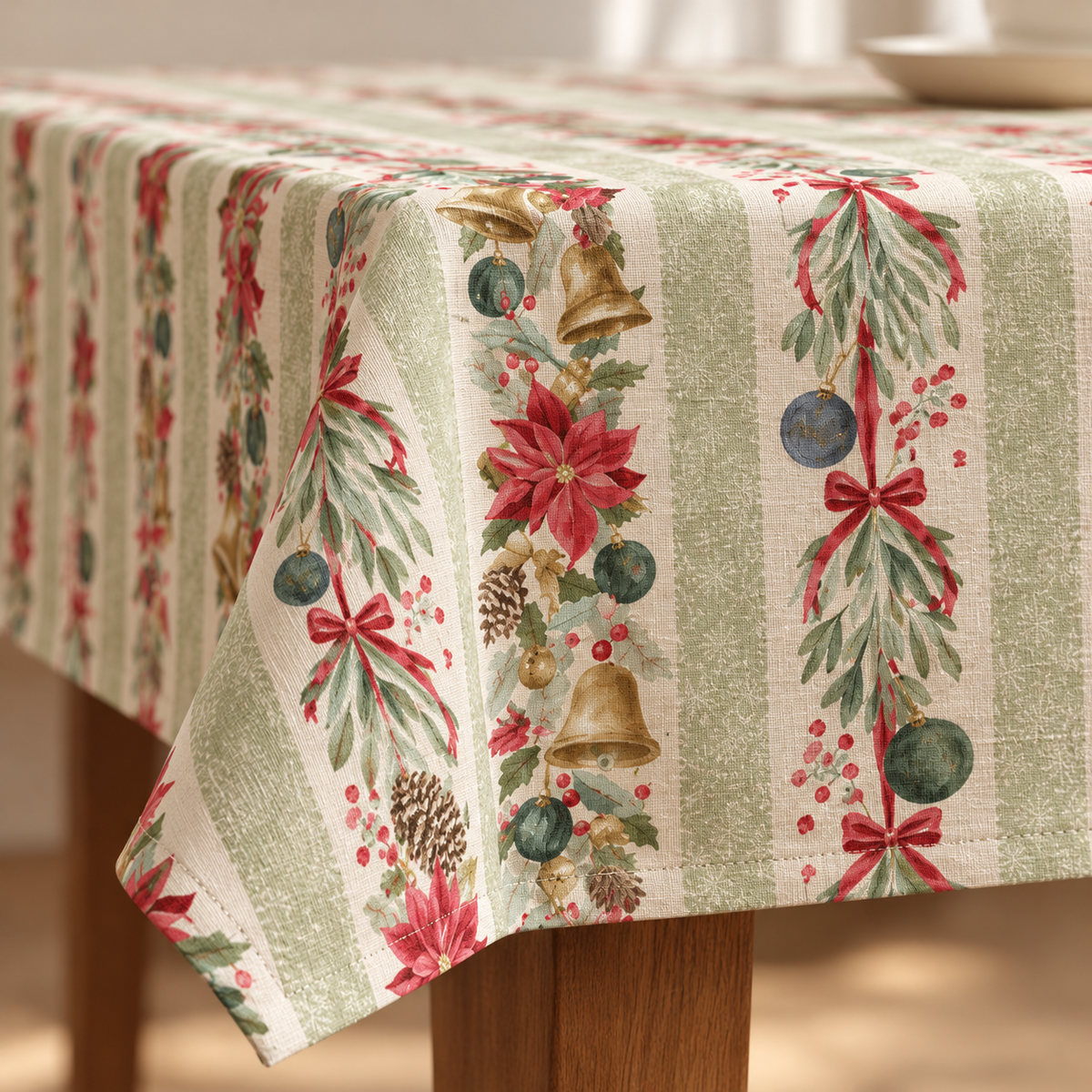 Tischdecke für Weihnachten aus bedrucktem Leinen – Festliche Girlanden