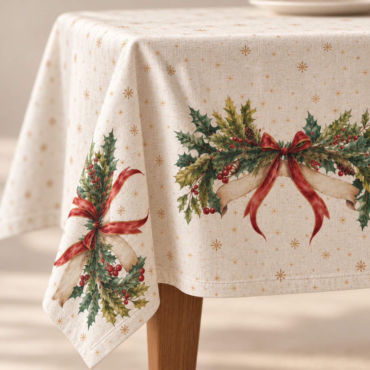 Tischdecke für Weihnachten aus bedrucktem Leinen – Schleifenzauber