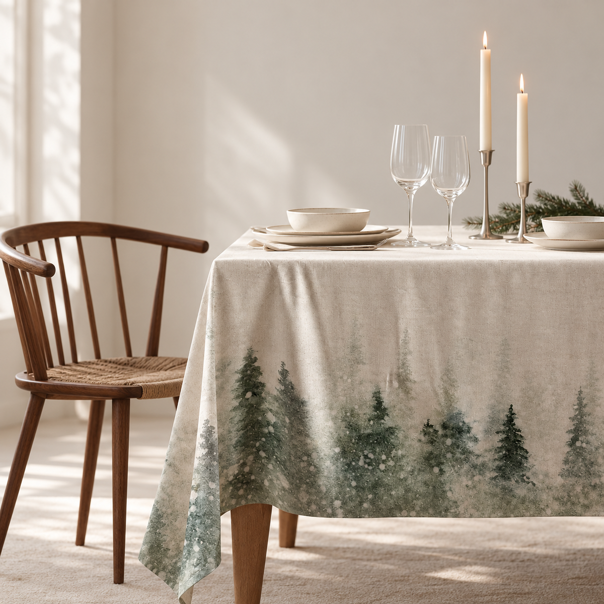 Tischdecke für Weihnachten aus bedrucktem Leinen – Winterwald