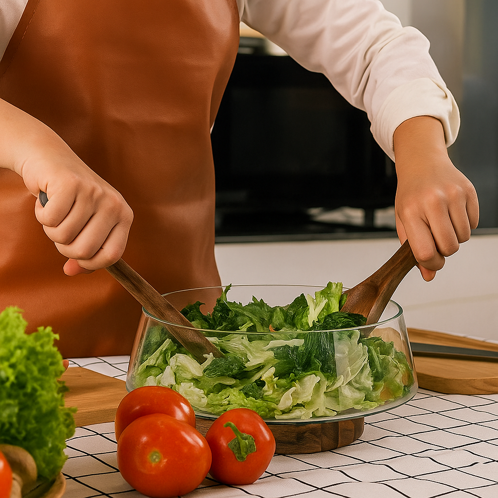 Salad bowl made of glass with wooden base and cutlery