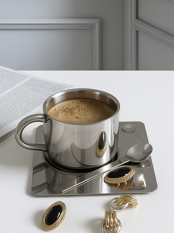 Tasse mit Unterteller und Löffel aus Edelstahl Bryn