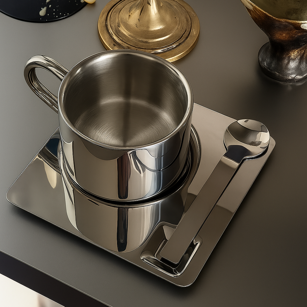 Tasse mit Unterteller und Löffel aus Edelstahl Bryn