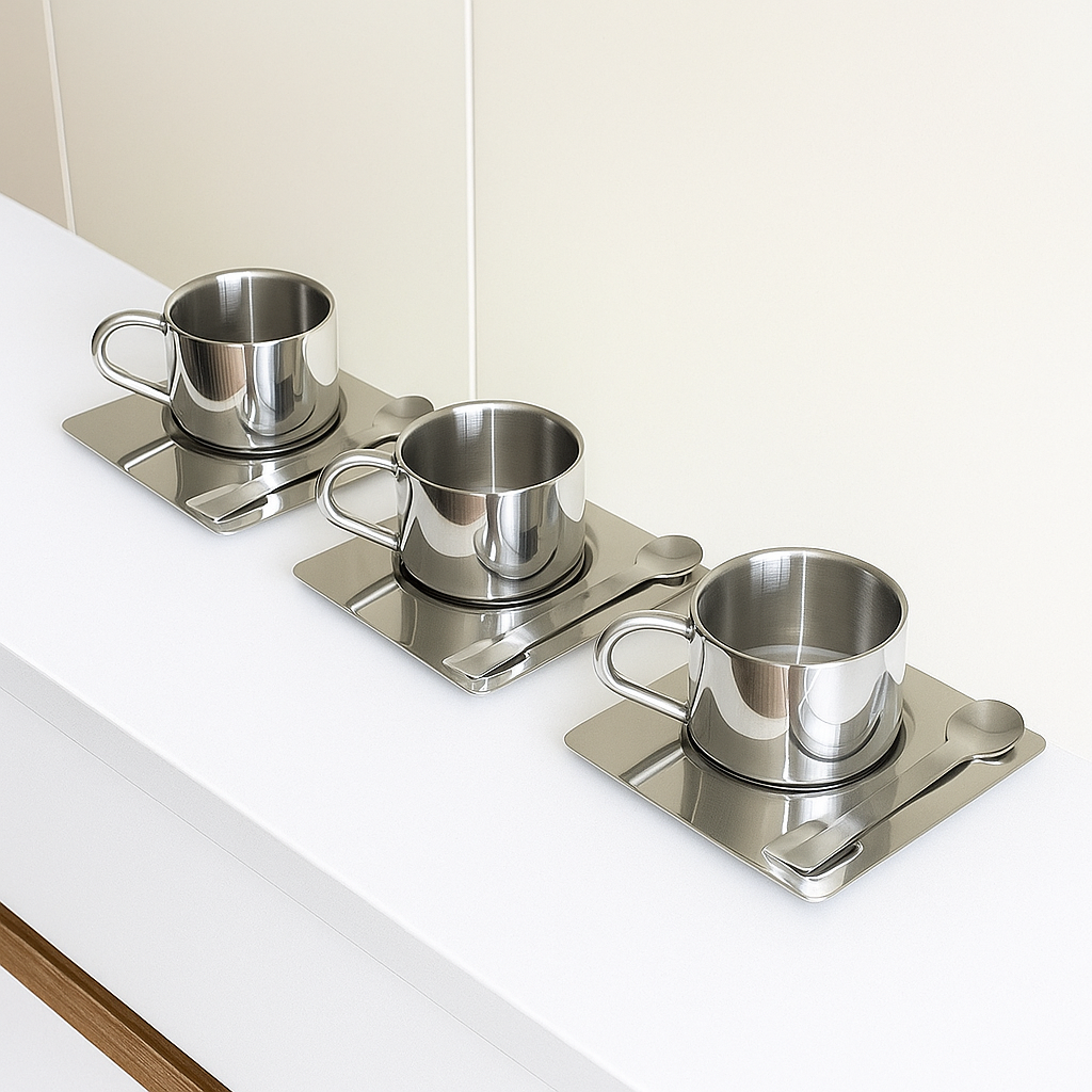 Tasse mit Unterteller und Löffel aus Edelstahl Bryn