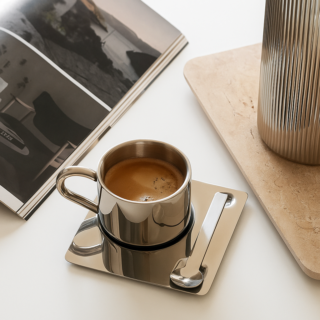 Tasse mit Unterteller und Löffel aus Edelstahl Bryn