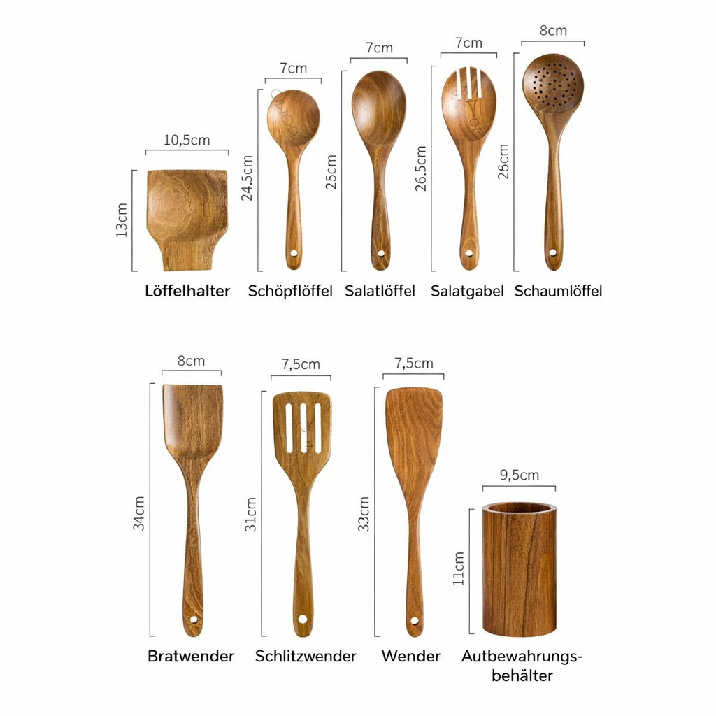 Ensemble d'ustensiles de cuisine en teck – 8 pièces