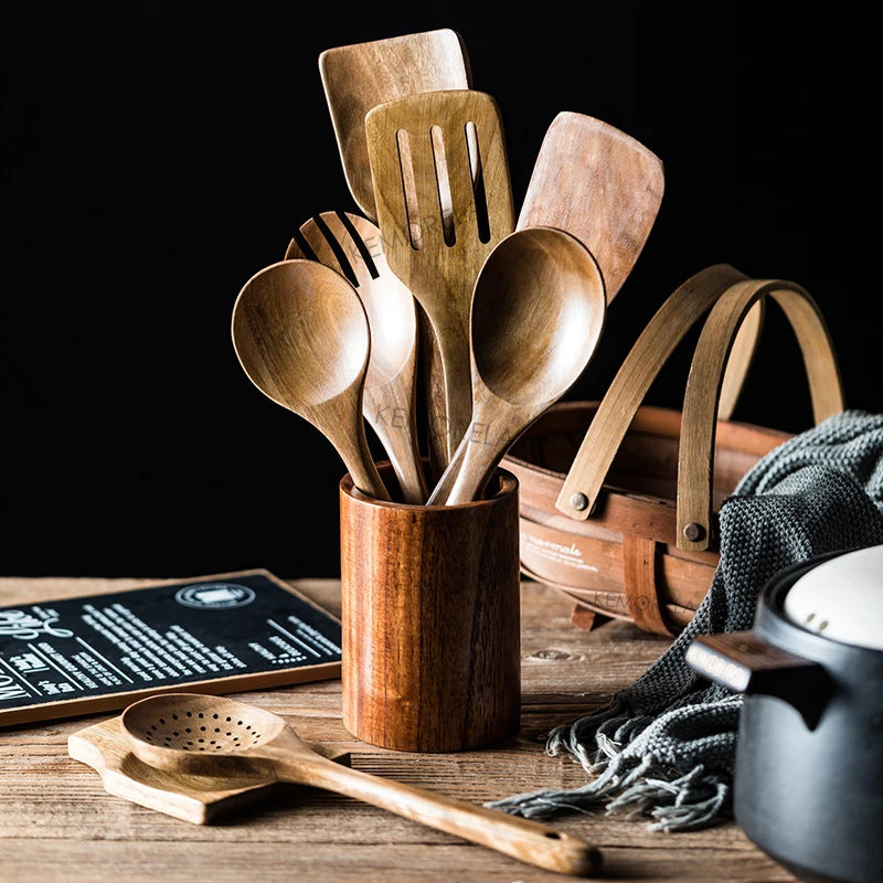 Ensemble d'ustensiles de cuisine en teck – 8 pièces
