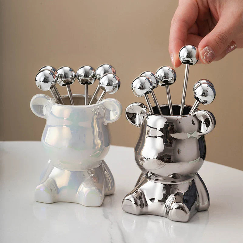 Forchette da degustazione in acciaio inox - 6 forchette + portaposate orsetto in ceramica