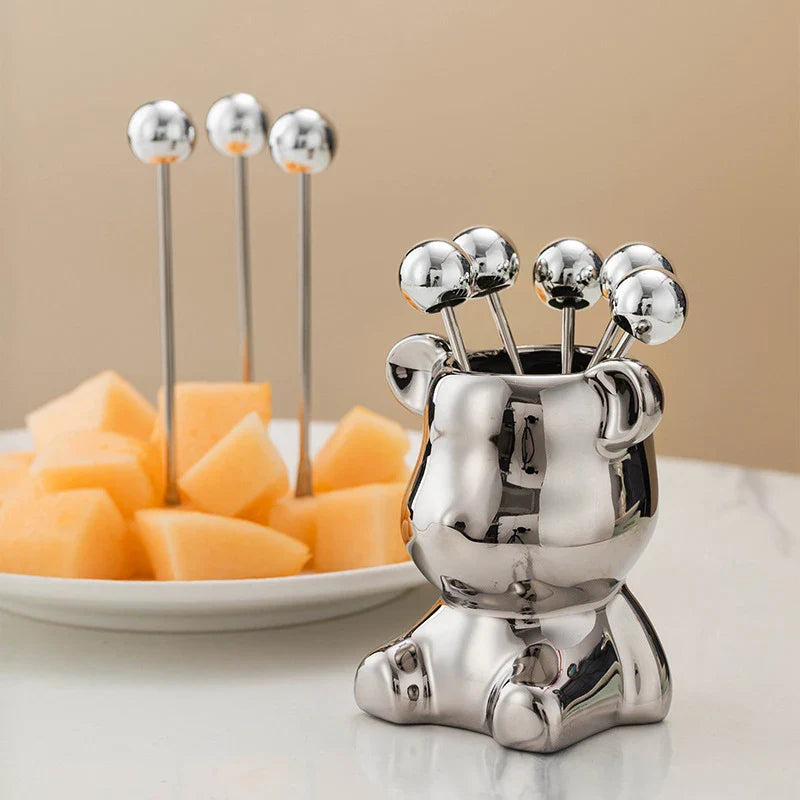 Forchette da degustazione in acciaio inox - 6 forchette + portaposate orsetto in ceramica