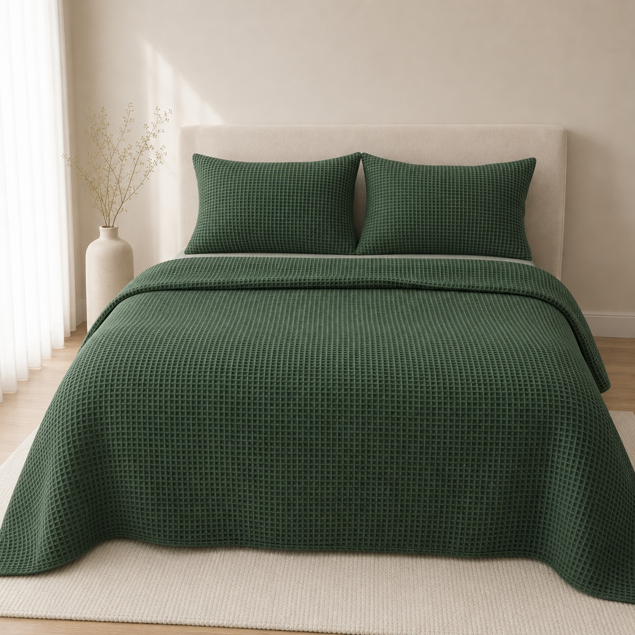 Bettüberwurf-aus-türkischer-Bio-Baumwolle-im-Waffeldesign-–-Dunkelgrün-3
