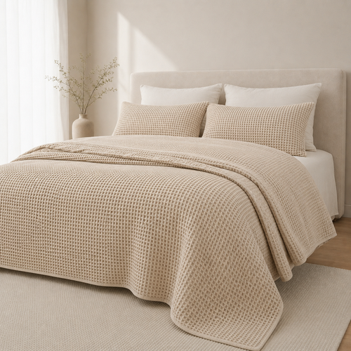Bettüberwurf-aus-türkischer-Bio-Baumwolle-im-Waffeldesign-–-Elfenbein-2