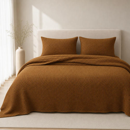Bettüberwurf-aus-türkischer-Bio-Baumwolle-im-Waffeldesign-–-Karamellbraun-1