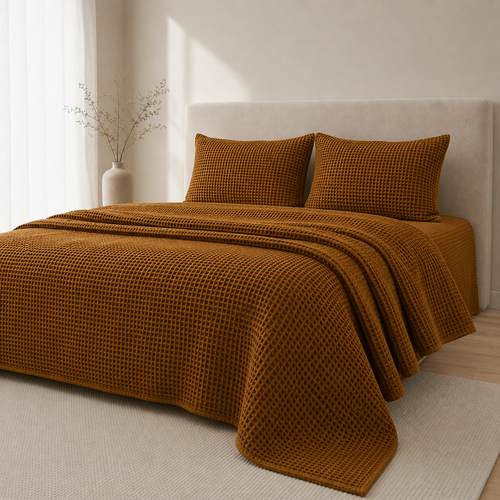 Bettüberwurf-aus-türkischer-Bio-Baumwolle-im-Waffeldesign-–-Karamellbraun-2