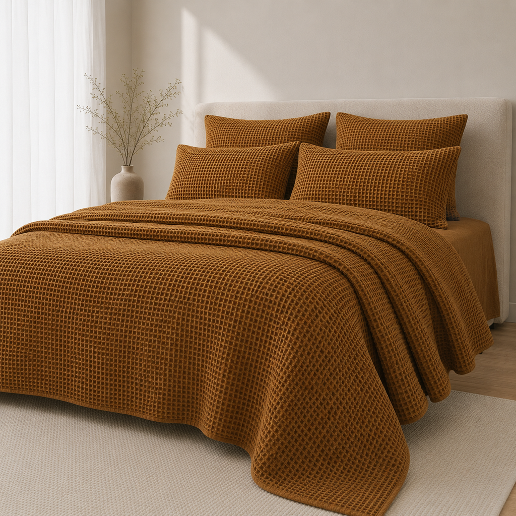 Bettüberwurf-aus-türkischer-Bio-Baumwolle-im-Waffeldesign-–-Karamellbraun-3