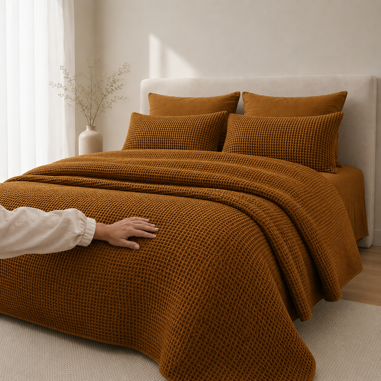 Bettüberwurf-aus-türkischer-Bio-Baumwolle-im-Waffeldesign-–-Karamellbraun-4
