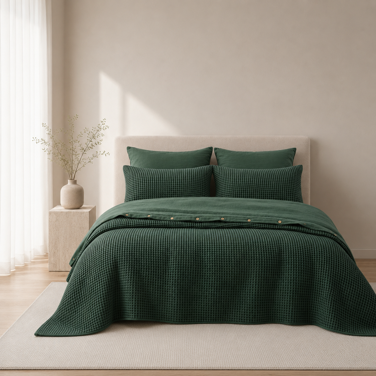 Musselin-Bettwäsche-aus-türkischer-Bio-Baumwolle-mit-Waffeldesign-–-Dunkelgrün-1