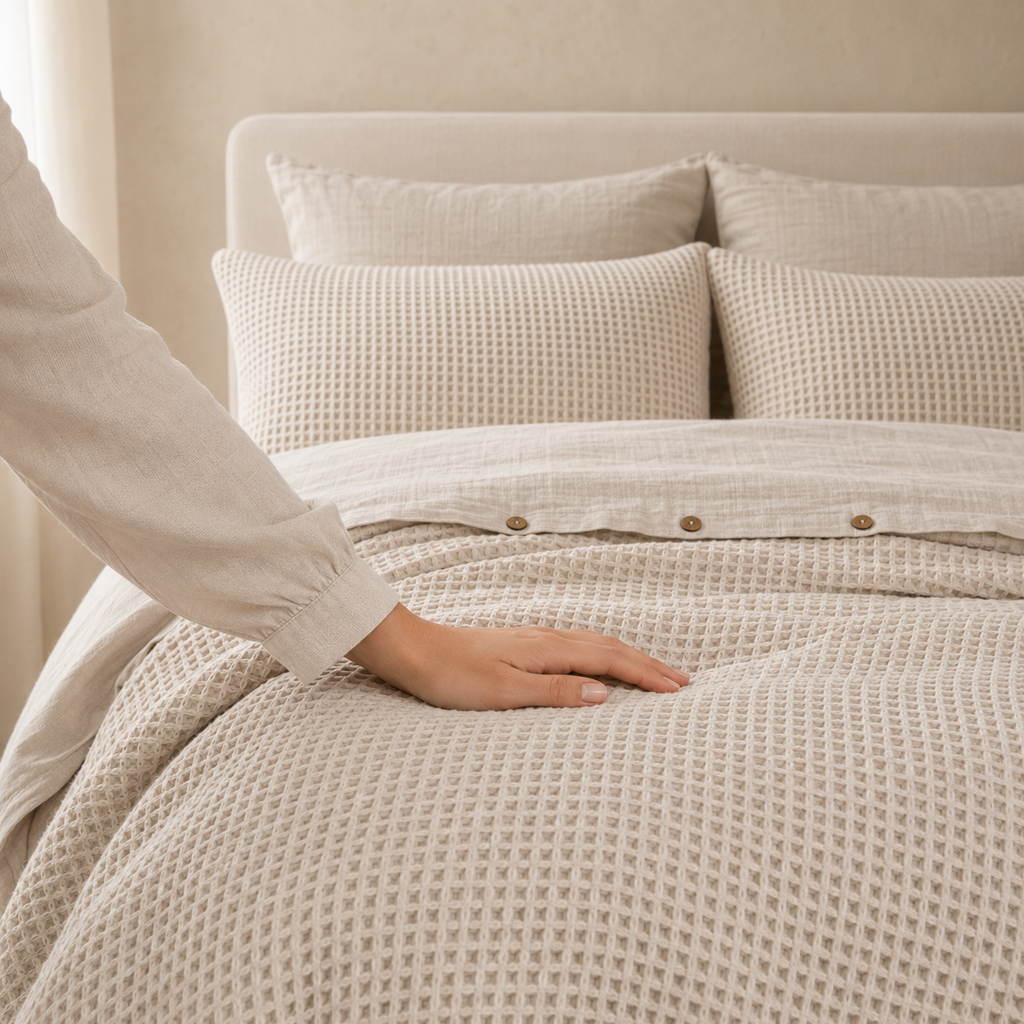 Musselin-Bettwäsche-aus-türkischer-Bio-Baumwolle-mit-Waffeldesign-–-Elfenbein-4