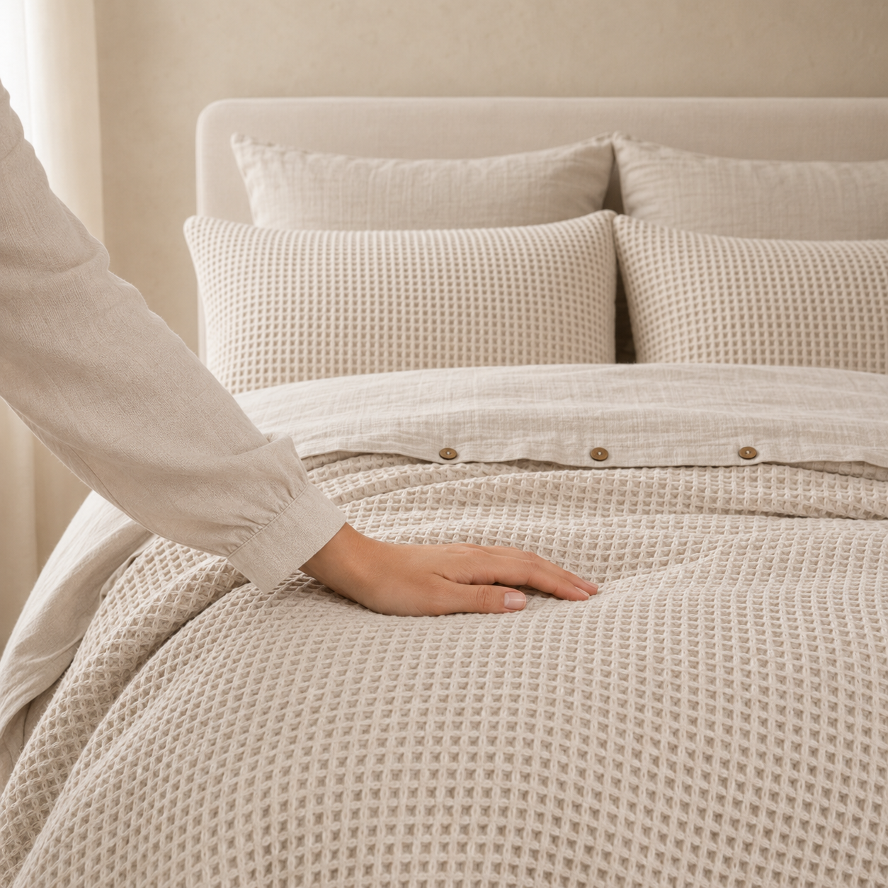 Musselin-Bettwäsche-aus-türkischer-Bio-Baumwolle-mit-Waffeldesign-–-Elfenbein-4