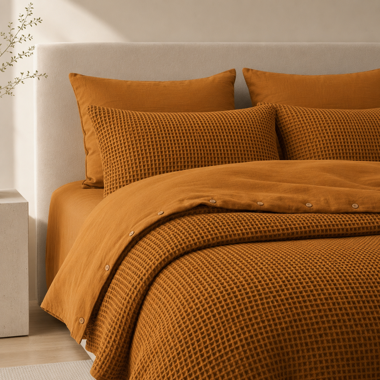 Musselin-Bettwäsche-aus-türkischer-Bio-Baumwolle-mit-Waffeldesign-–-Karamellbraun-3