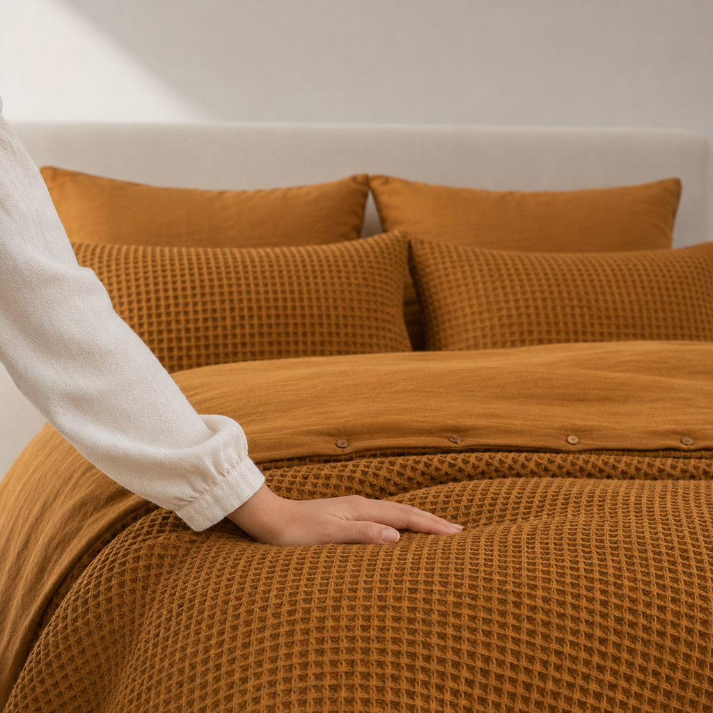 Musselin-Bettwäsche-aus-türkischer-Bio-Baumwolle-mit-Waffeldesign-–-Karamellbraun-4