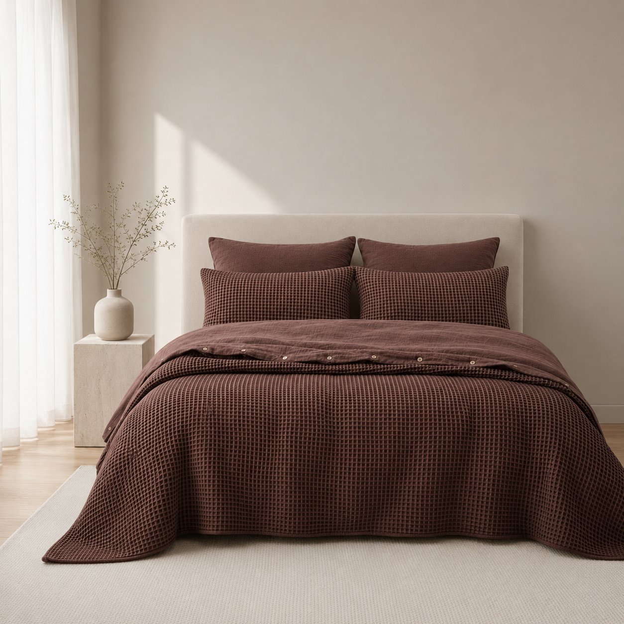 Musselin-Bettwäsche-aus-türkischer-Bio-Baumwolle-mit-Waffeldesign-–-Kastanienbraun-1