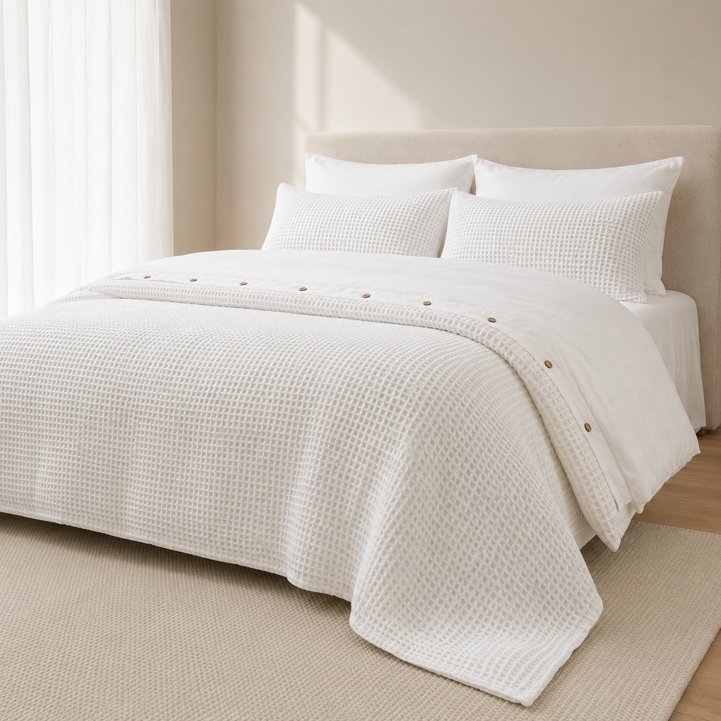 Musselin-Bettwäsche-aus-türkischer-Bio-Baumwolle-mit-Waffeldesign-–-Weiss-2