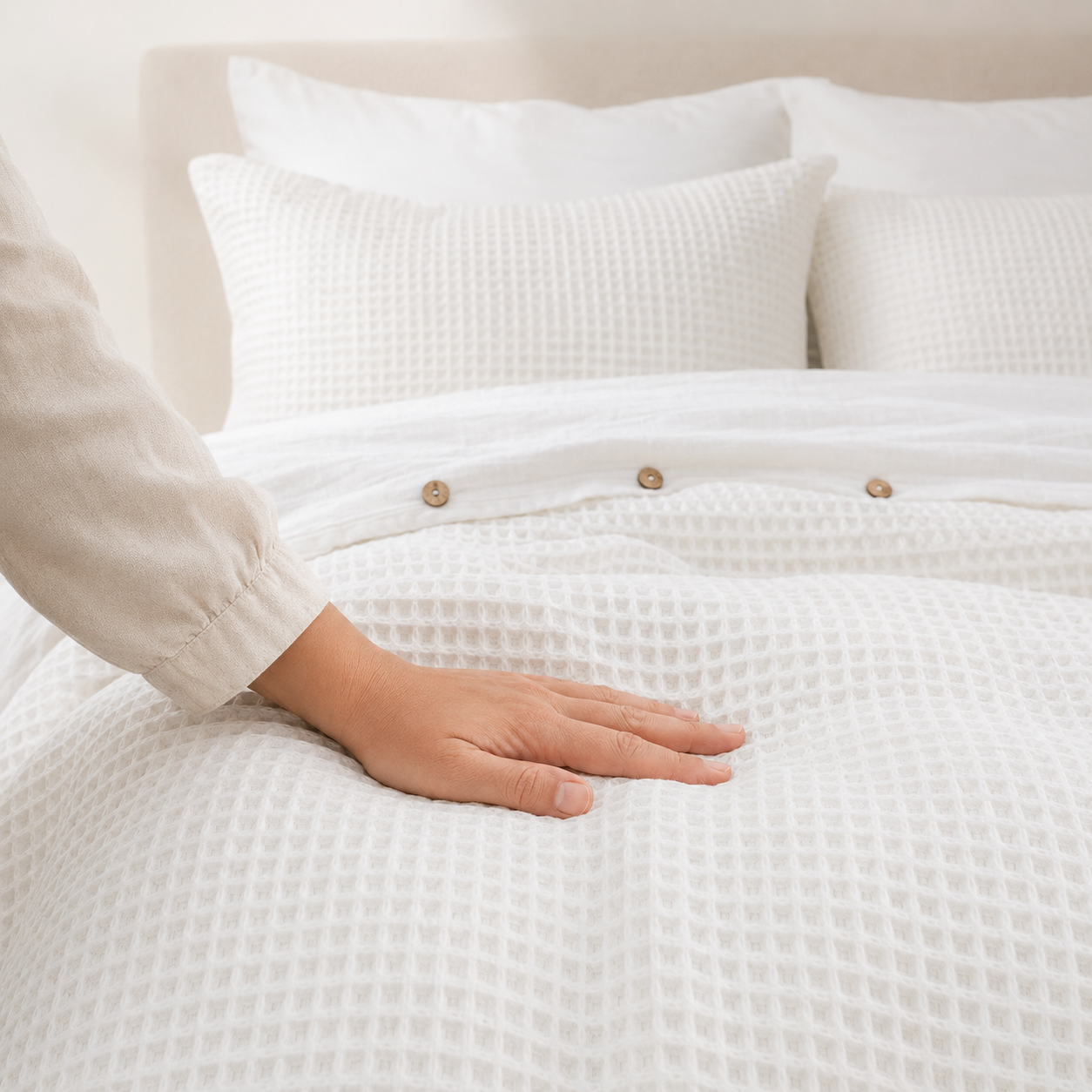 Musselin-Bettwäsche-aus-türkischer-Bio-Baumwolle-mit-Waffeldesign-–-Weiss-4