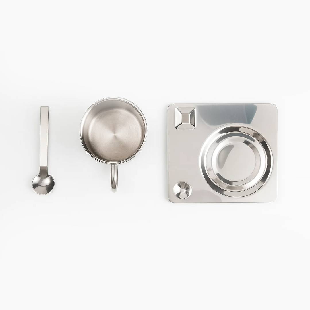 Tasse mit Unterteller und Löffel aus Edelstahl Bryn