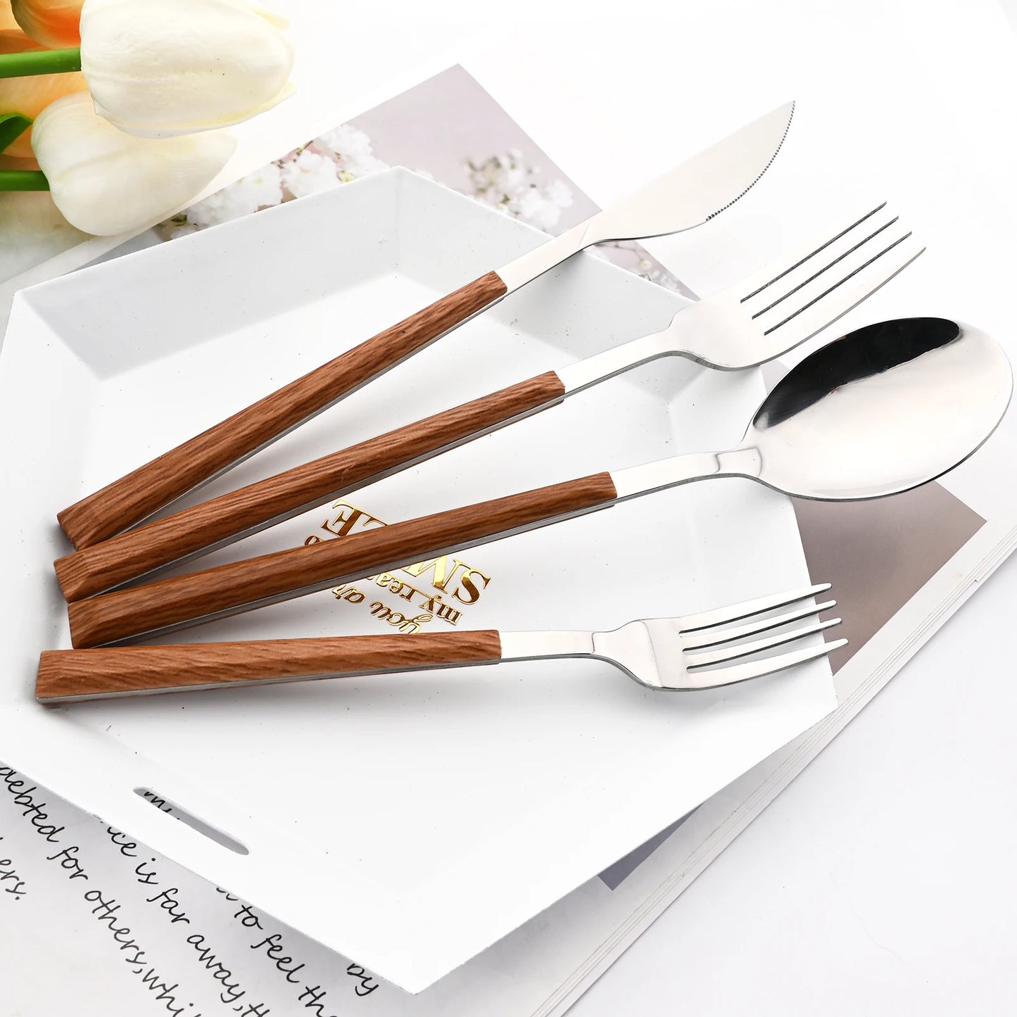 Cutlery set made of stainless steel with wooden handles – 30-piece
