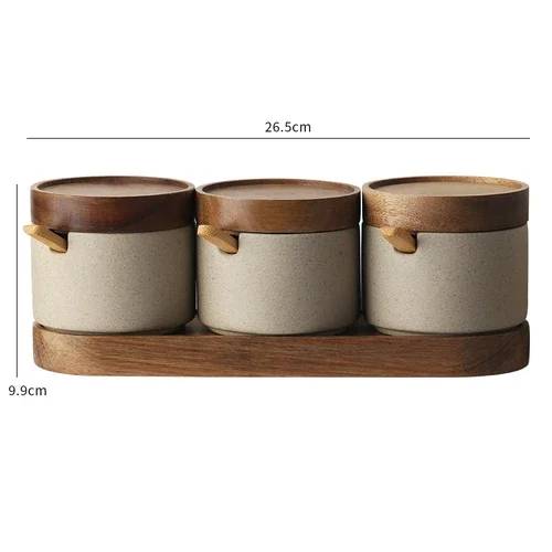 Ceramic spice jars set with wooden lid