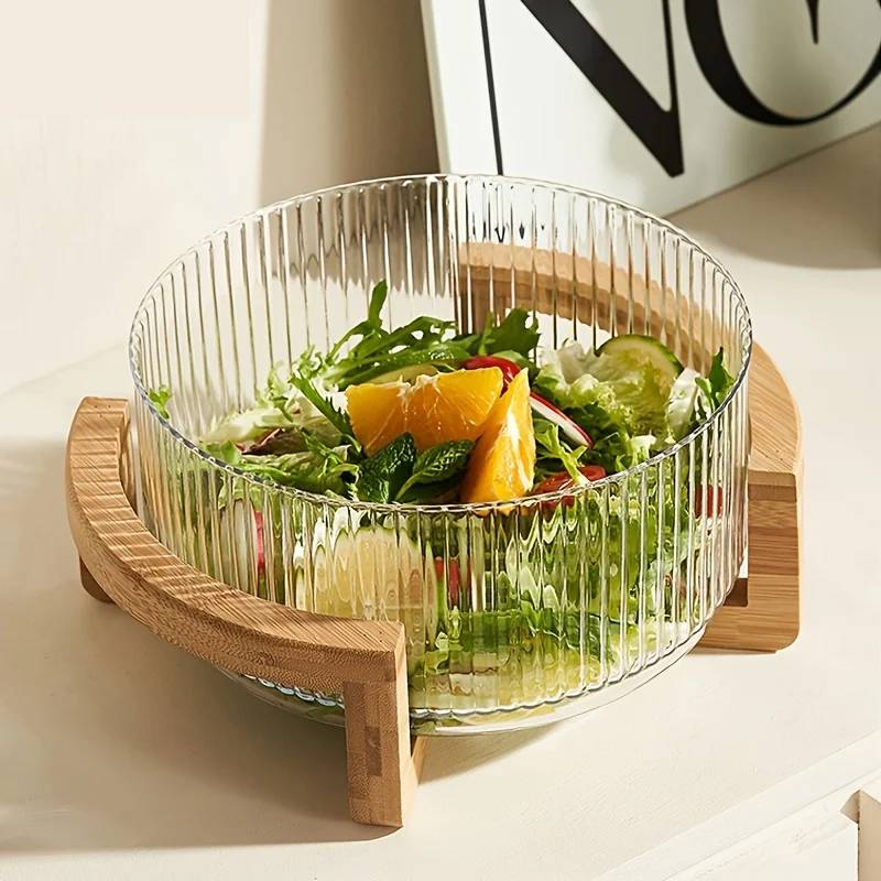 Design Salatschüssel aus Glas & Holz