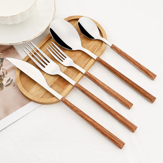 Cutlery set made of stainless steel with wooden handles – 30-piece