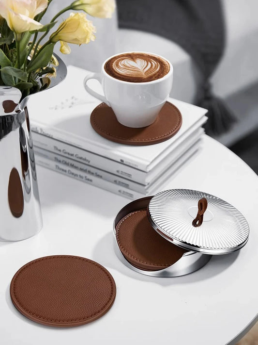 Coaster set made of leather and stainless steel – 4-piece