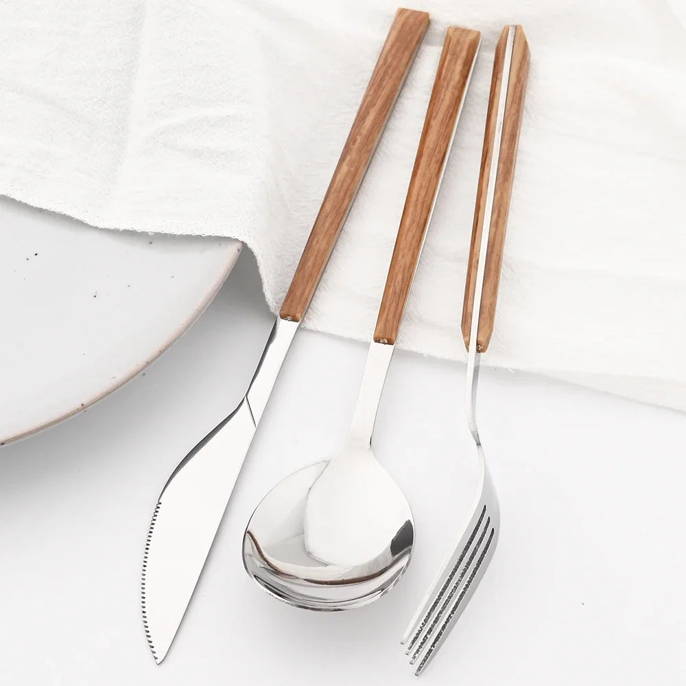 Cutlery set made of stainless steel with wooden handles – 30-piece