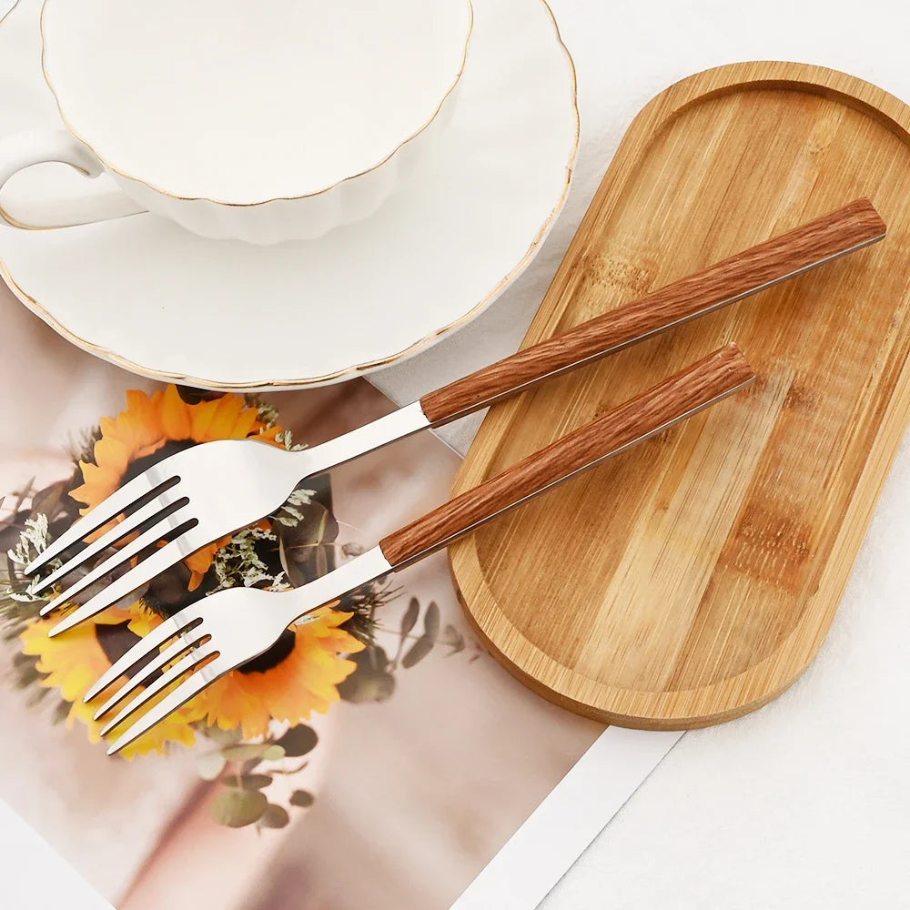 Cutlery set made of stainless steel with wooden handles – 30-piece