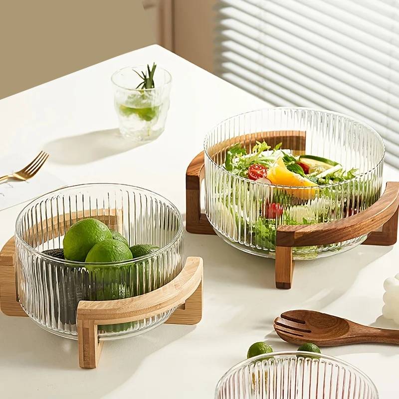 Design Salatschüssel aus Glas & Holz