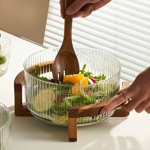 Design Salatschüssel aus Glas & Holz