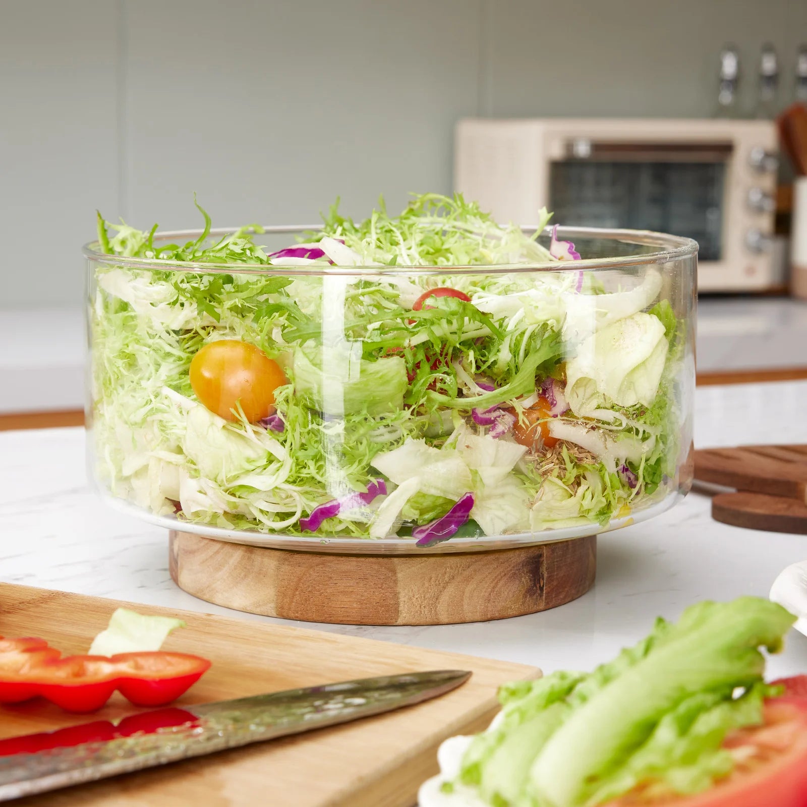 Design glass bowl with wooden base