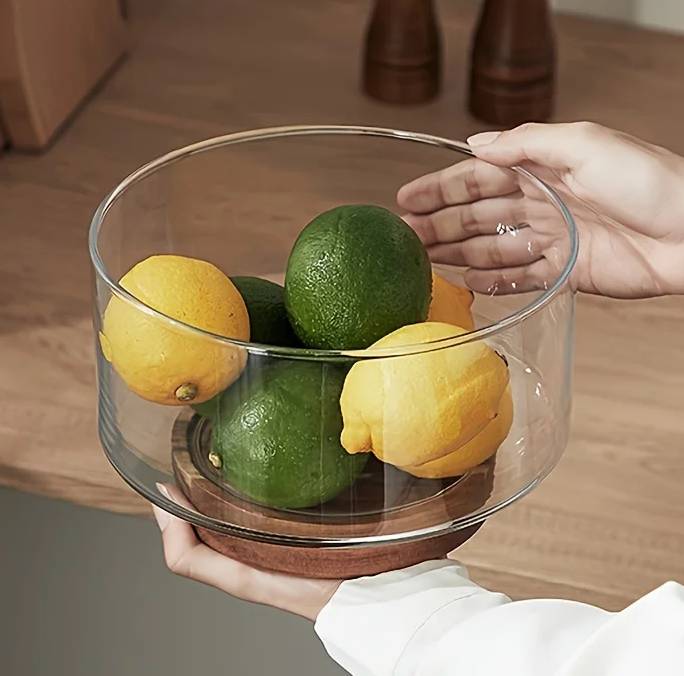 Design glass bowl with wooden base